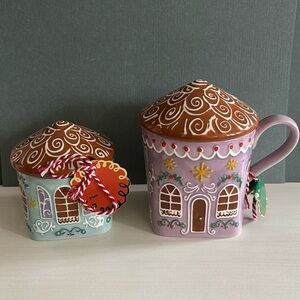 ANTHROPOLOGIE GINGERBREAD STONEWARE MUG AND SUGAR BOWL PURPLE BLUE NEW